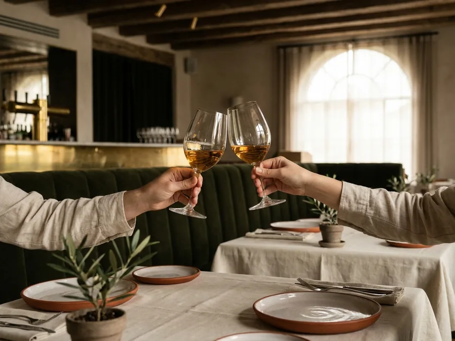 Dos copas de vino brindando sobre la mesa