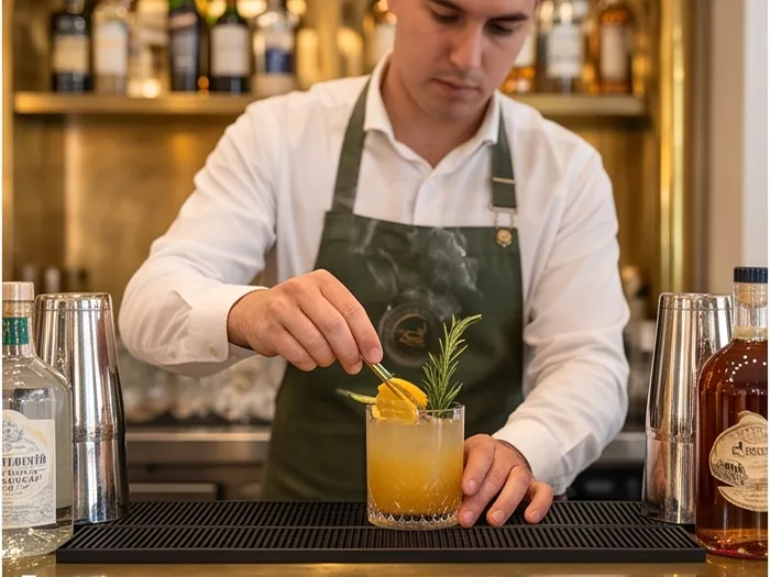 Barra de latón con la botellería y coctelería de autor
