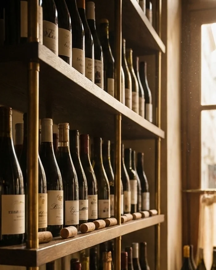Estantería de madera y latón con botellas de la bodega