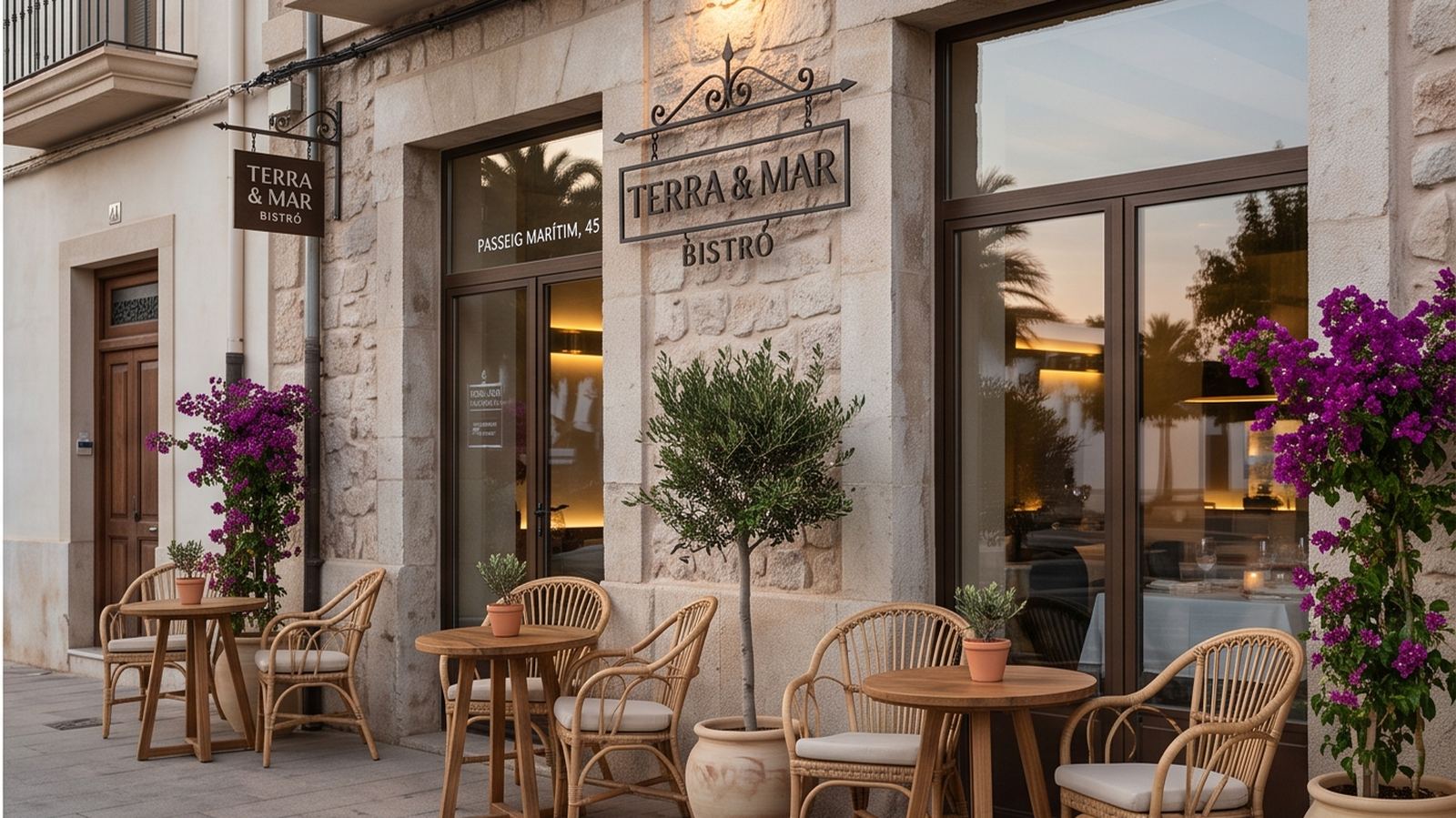 Fachada de piedra de Terra & Mar Bistró en el Paseo Marítimo de Benicarló, con terraza y buganvillas al atardecer