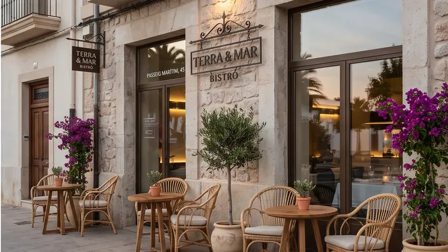 Fachada de piedra y terraza con buganvillas al atardecer