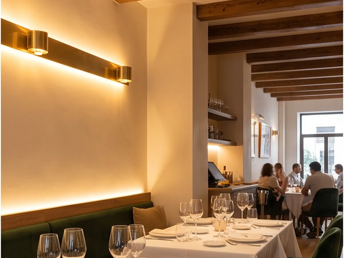 Comedor de Terra & Mar Bistró con vigas de madera vistas, banquetas verdes y mesas vestidas de lino