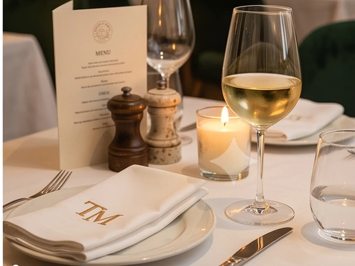 Mesa vestida de lino con la carta, una copa de vino blanco y una vela encendida